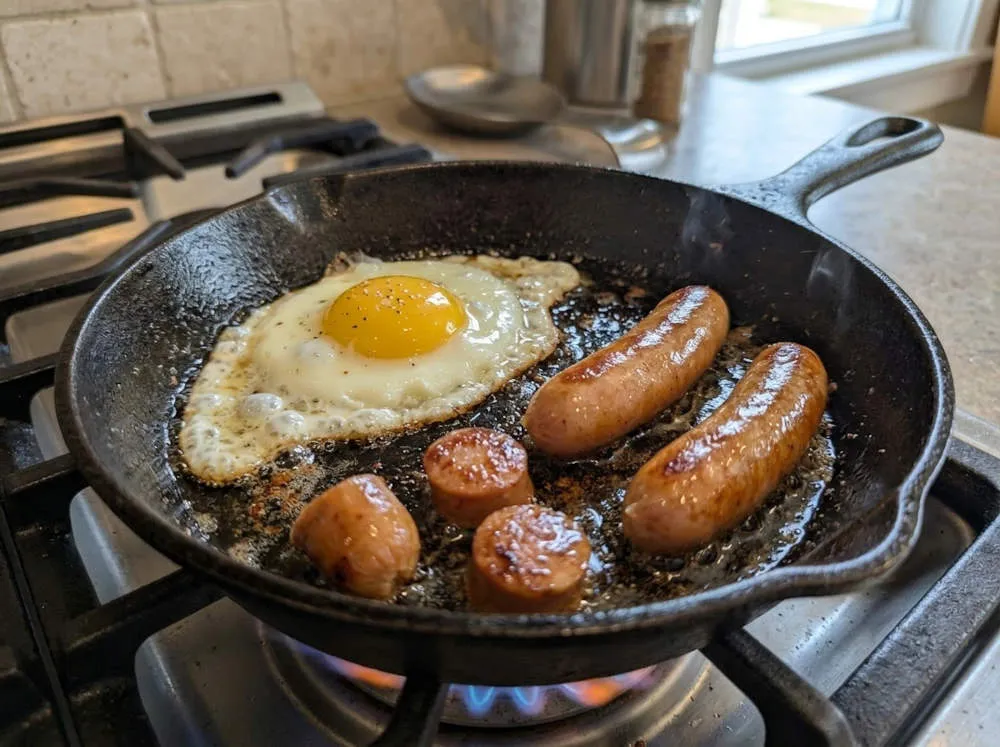 目玉焼きとウインナーを焼く