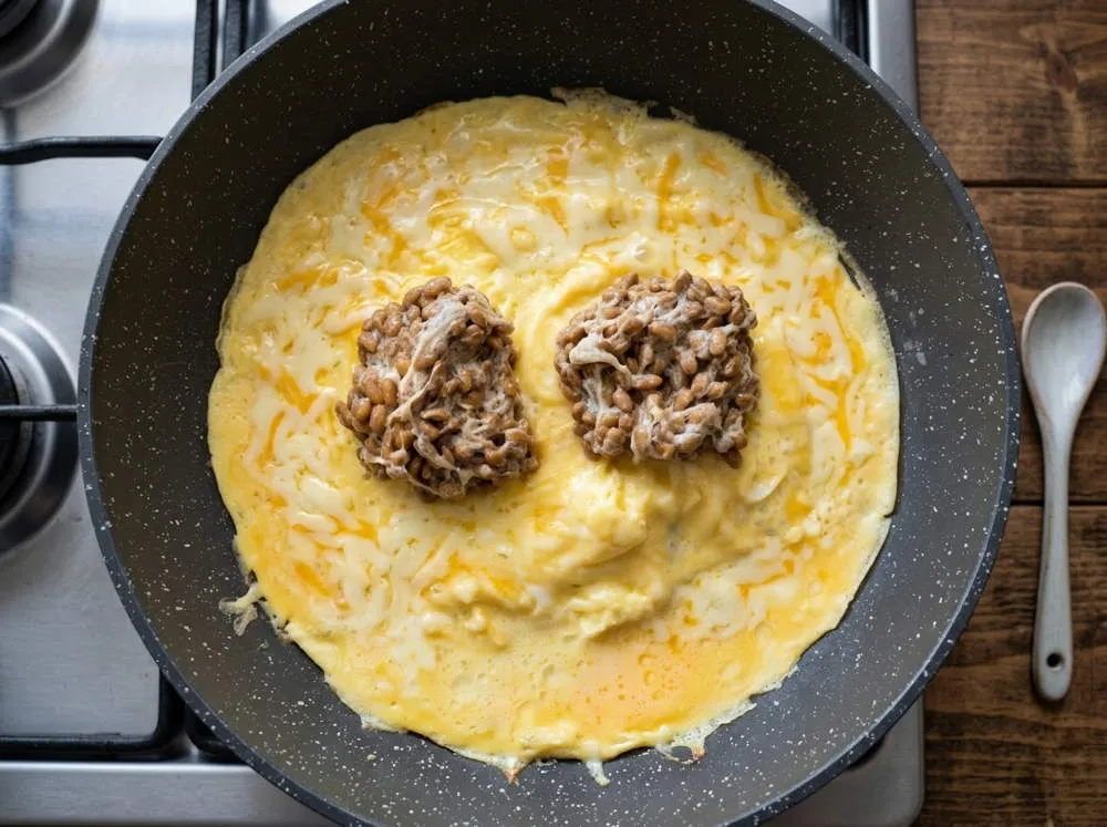 フライパンで卵を焼き、中央に納豆をのせる