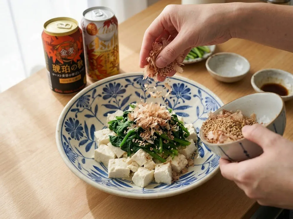 ほうれん草とたっぷりのかつお節・ごまを乗せる