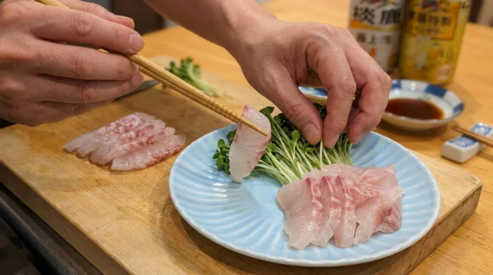 真鯛の刺身とカイワレを盛り付ける