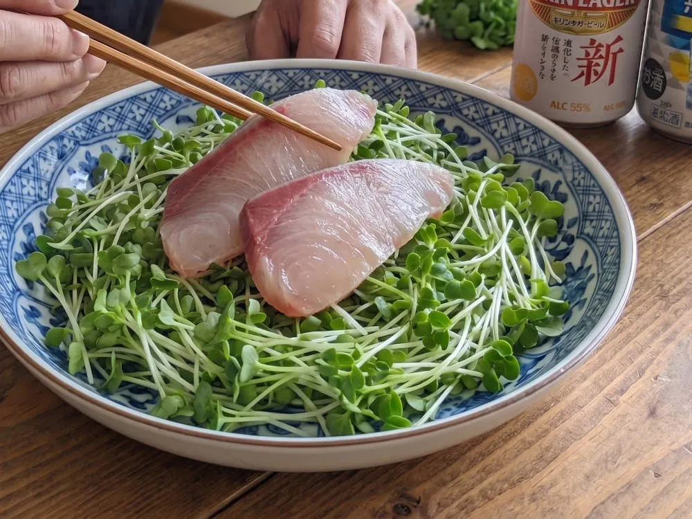 かいわれの上にぶりの刺身をのせる