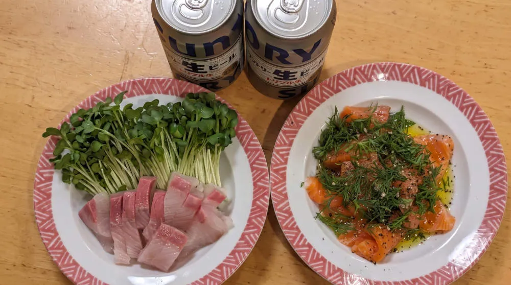 至高のおつまみ2品とサントリー生ビール 完成