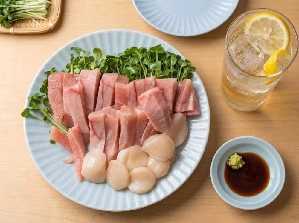 バチマグロのハラモとホタテ貝柱の贅沢刺身盛り 完成