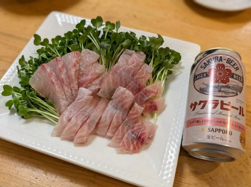 タイの刺身とサクラビール 完成