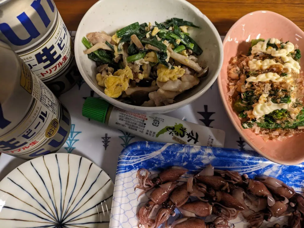 豚ニラたまご炒めと菜の花マヨとホタルイカの晩酌セット